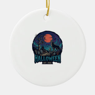 Ornamento De Cerâmica Fantasia de Halloween Est Lobo Uivando Lua Vermelh