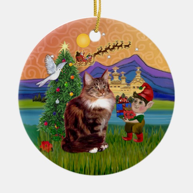 Ornamento De Cerâmica Fantasia de Natal - Gato Maine Coon (Frente)