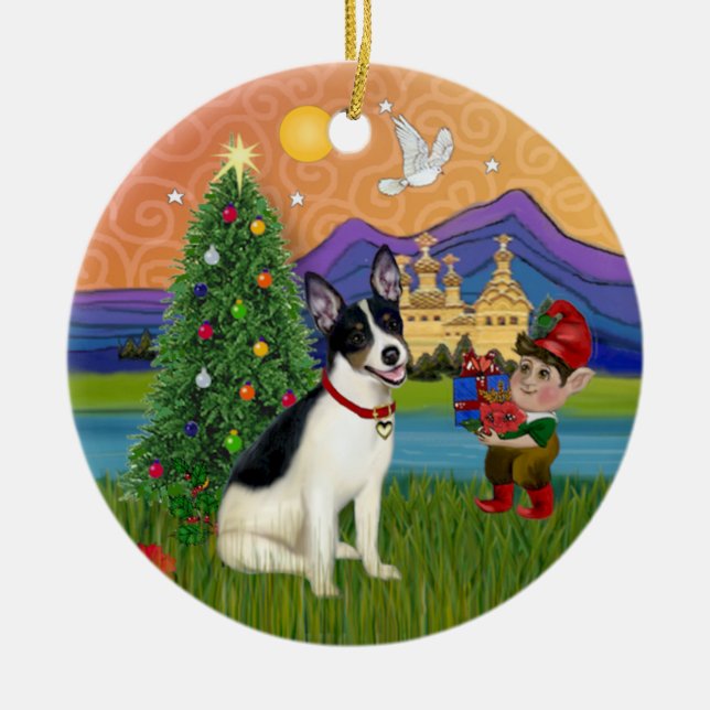 Ornamento De Cerâmica Fantasia de Natal - Rat Terrier (Frente)