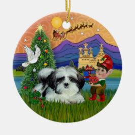 Ornamento De Cerâmica Fantasia de Natal - Shih Tzu (preto e branco)