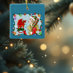 Ornamento De Cerâmica Fantasia do Dragão Vermelho da Loira de Natal