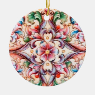 ORNAMENTO DE CERÂMICA FANTASIA FLORAL AZUL COR-DE-ROSA VERMELHA VERDE