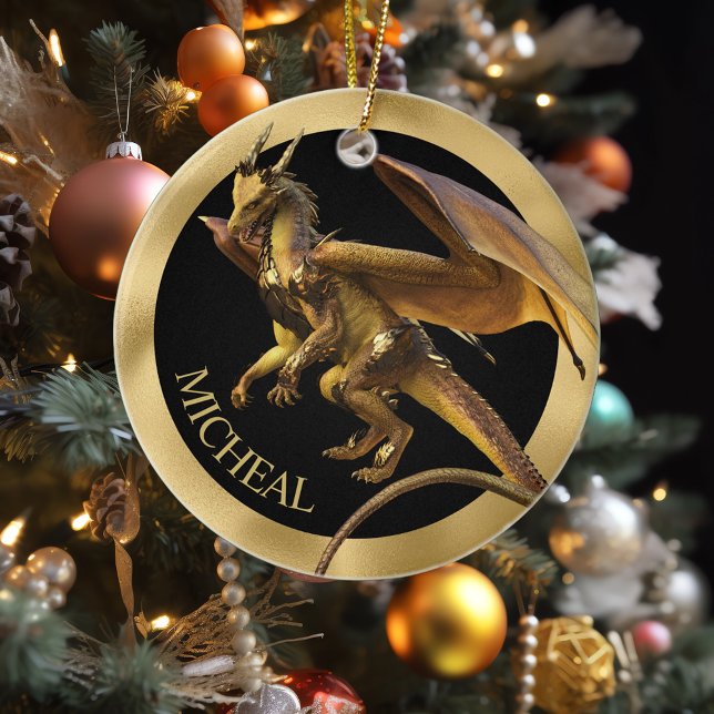 Ornamento De Cerâmica Fantasia Personalizada do Dragão Dourado (Criador carregado)