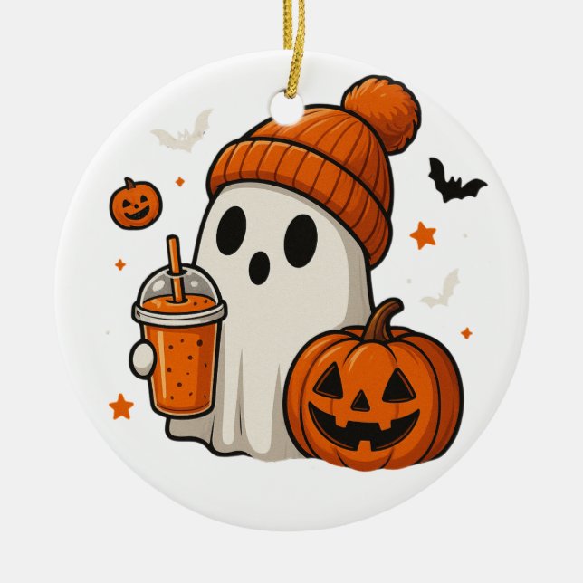 Ornamento De Cerâmica Fantasma de Halloween Fofo com Abóbora e Bebida  (Frente)
