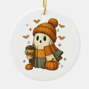 Ornamento De Cerâmica Fantasma Fofo Bebendo Café Halloween