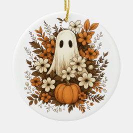 Ornamento De Cerâmica Fantasma Fofo Com Abóbora E Flores De Outono – Hal