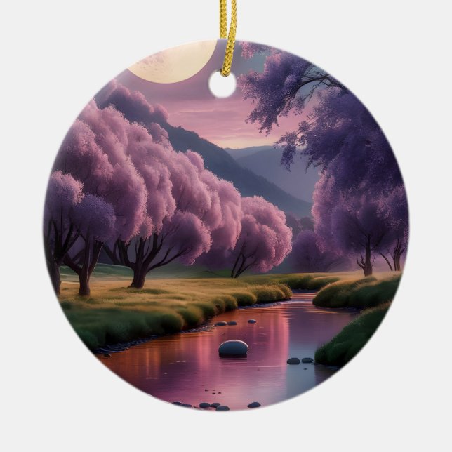 Ornamento De Cerâmica Fantasy Moonlit River Dreamscape Illustration (Frente)