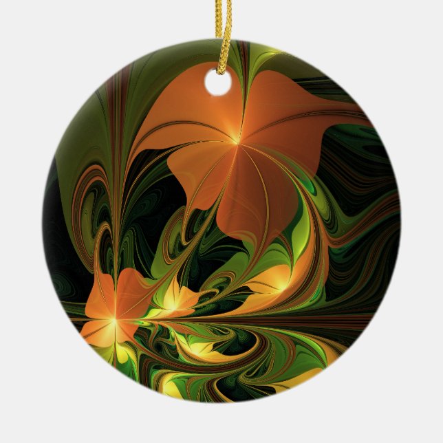 Ornamento De Cerâmica Fantasy Plant Abstrato Green Rust Brown Fractal (Frente)