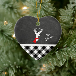 Ornamento De Cerâmica Farmhouse Black White Xadrez Deer Deer Name