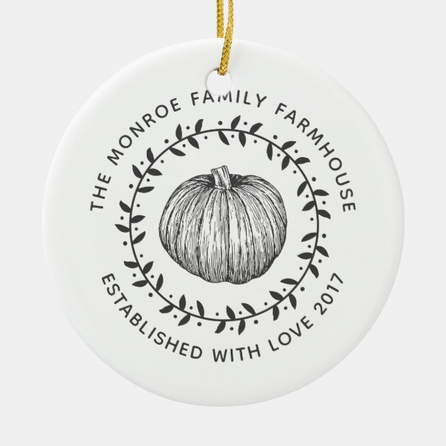 Ornamento De Cerâmica Farmhouse Style Pumpkin Wreath Family Foto (Frente)