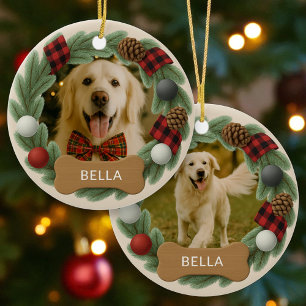 Ornamento De Cerâmica Farmhouse Xadrez Dog Name Photo Holiday Natal