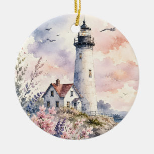 Ornamento De Cerâmica Faro Pintado à Aquarela