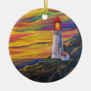 Ornamento De Cerâmica Farol ao Sol com Navio de Navegação Marítima N
