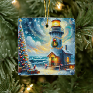Ornamento De Cerâmica Farol de Árvore de Natal Azul Costeiro Náutico