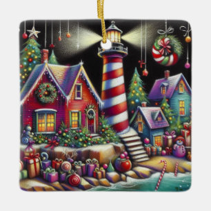 Ornamento De Cerâmica Farol de Natal Whimsical Vermelho Rosa Púrpura