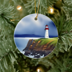Ornamento De Cerâmica Farol nas Falésias Aquarela Personalizada 