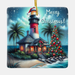 Ornamento De Cerâmica Farol Tropical de Natal Whimsical Vermelho Teal