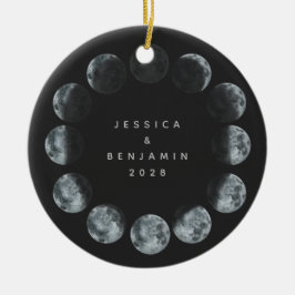 Ornamento De Cerâmica Fases da Lua em Aquarela Preta Casal Personalizado