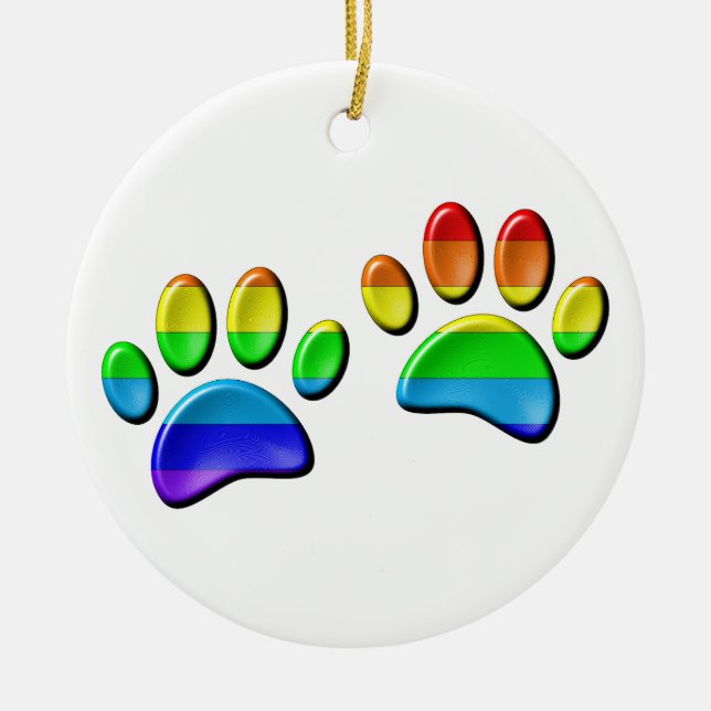 Ornamento De Cerâmica Faux 3D Rainbow Dog Paw Prints (Frente)