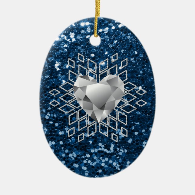 Ornamento De Cerâmica Faux Glitter Diamond Heart Snowflake (Frente)