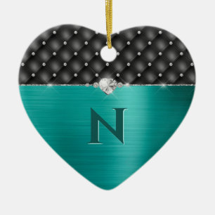 Ornamento De Cerâmica Faux Metal Glam Upholstere Monograma de Teal Faux