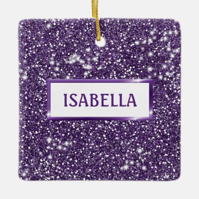 Ornamento De Cerâmica Faux Purple Glitter Textion Examinar com Nome (Frente)