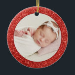 Ornamento De Cerâmica Faux Red Glitter Baby First Christmas Photo<br><div class="desc">Add sparkle and shine to your Christmas tree with this festive custom baby's first Christmas photo ornament. It features faux red glitter with classic typography. Personalize by adding photos, holiday greeting, year and family signature. Feature your favourite baby photo with this glitter Christmas photo ornament. This holiday baby photo ornament...</div>