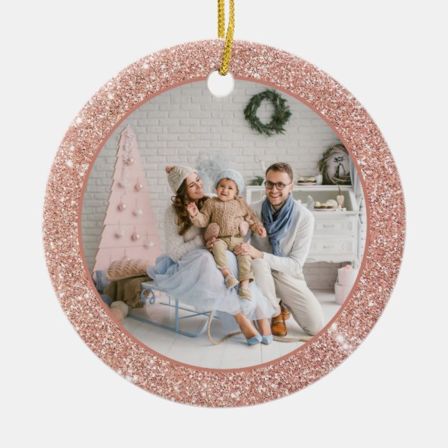 Ornamento De Cerâmica Faux Rosa Dourado Glitter Family Foto Natal (Frente)