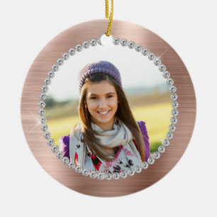 Ornamento De Cerâmica Faux Rose Gold Folha de Família Foto Monograma