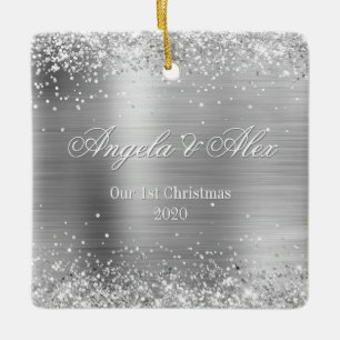 Ornamento De Cerâmica Faux Silver Glitter and Brushed Metal Foil Photo