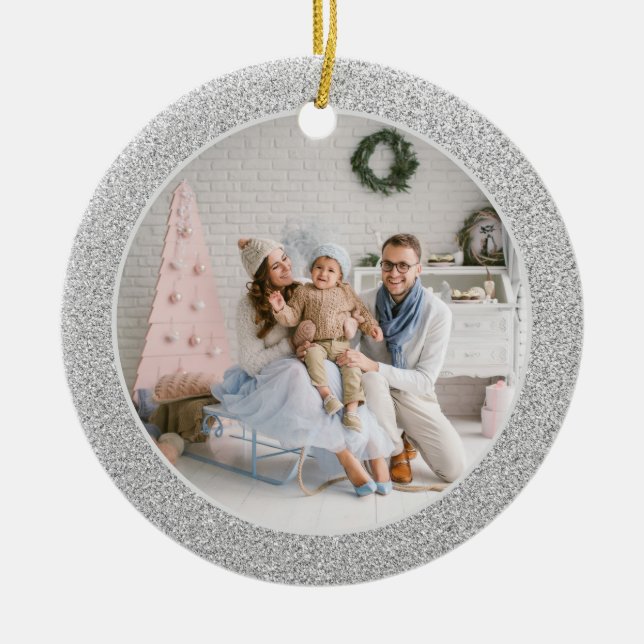 Ornamento De Cerâmica Faux Silver Glitter Family Foto Natal (Frente)