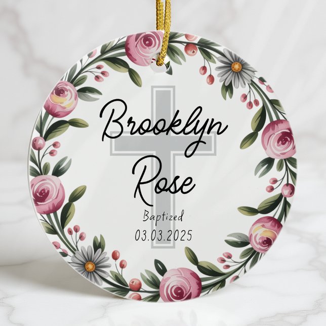 Ornamento De Cerâmica Favor personalizado do batismo de cruz (Criador carregado)