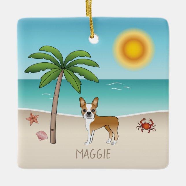 Ornamento De Cerâmica Fawn Boston Terrier Em Uma Praia De Verão Tropical (Frente)