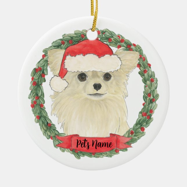 Ornamento De Cerâmica Fawn Tan Creme Chihuahua de Pelo Longo Natal (Frente)
