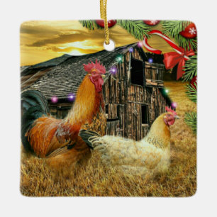Ornamento De Cerâmica Fazenda do galo de Natal Hen Barn Coop