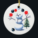 Ornamento De Cerâmica Fazendo malabarismo com Snowman Christmas Baubles<br><div class="desc">Até mesmo os homens de neve possuem talentos; imaginem um boneco de neve com os braços de galho malabarizando experientemente as vibrantes bolas de Natal,  lutando para não deixar cair. É uma decoração divertida e encantadora para sua árvore de Natal.</div>