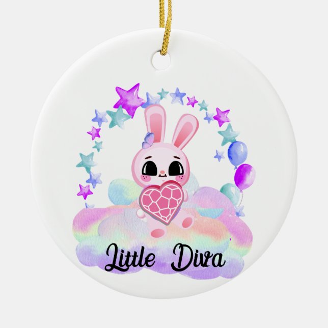 Ornamento De Cerâmica Felicidade, doce coelho mágico no arco-íris (Frente)