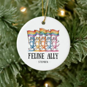Ornamento De Cerâmica Feline Ally - Rainbow Cat LGBTQ Pride
