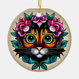 Ornamento De Cerâmica Feline Fiesta: Gato Mexicano Inspirado na Arte Fol