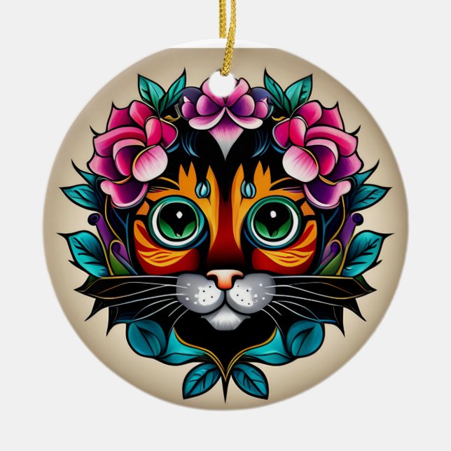 Ornamento De Cerâmica Feline Fiesta: Gato Mexicano Inspirado na Arte Fol (Frente)