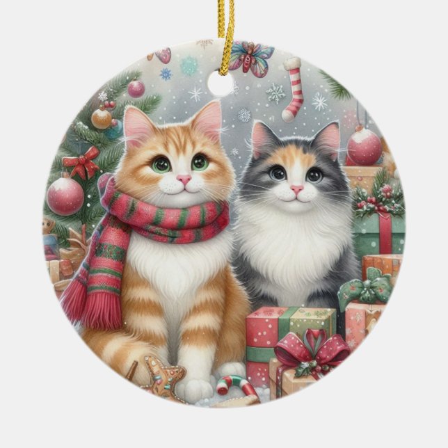 Ornamento De Cerâmica Felinos bonitos de Natal (Frente)
