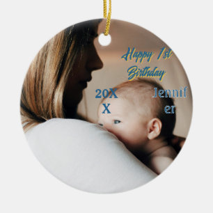 Ornamento De Cerâmica Feliz 1º aniversário crianças bebê mãe azul amarel