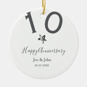 Ornamento De Cerâmica Feliz 10.º aniversário nome data cinza estrela de