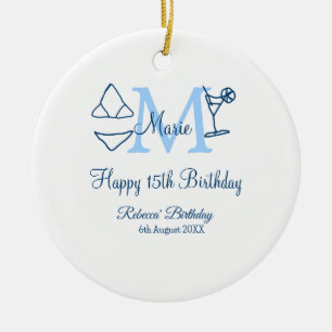 Ornamento De Cerâmica Feliz 15 de Aniversário azul adicione nome monogra