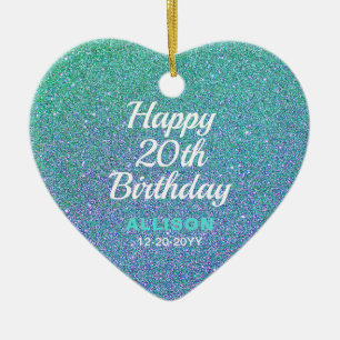 Ornamento De Cerâmica Feliz 20 Aniversário Teal Blue Glitter Personaliz