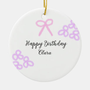 Ornamento De Cerâmica Feliz aniversário do pastel floral roxo cor-de-ros