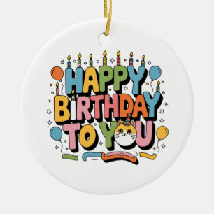 Ornamento De Cerâmica Feliz Aniversário Gatinho Fofo