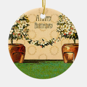 Ornamento De Cerâmica Feliz Aniversário Potes de Flor Vintage