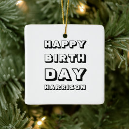 Ornamento De Cerâmica Feliz Aniversário, preto e branco, nome personaliz
