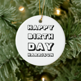 Ornamento De Cerâmica Feliz Aniversário, preto, nome personalizado Natal